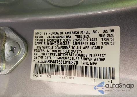 2008 Honda Cr-V Ex-L z USA, uszkodzony, nr VIN 5J6RE48758L010870